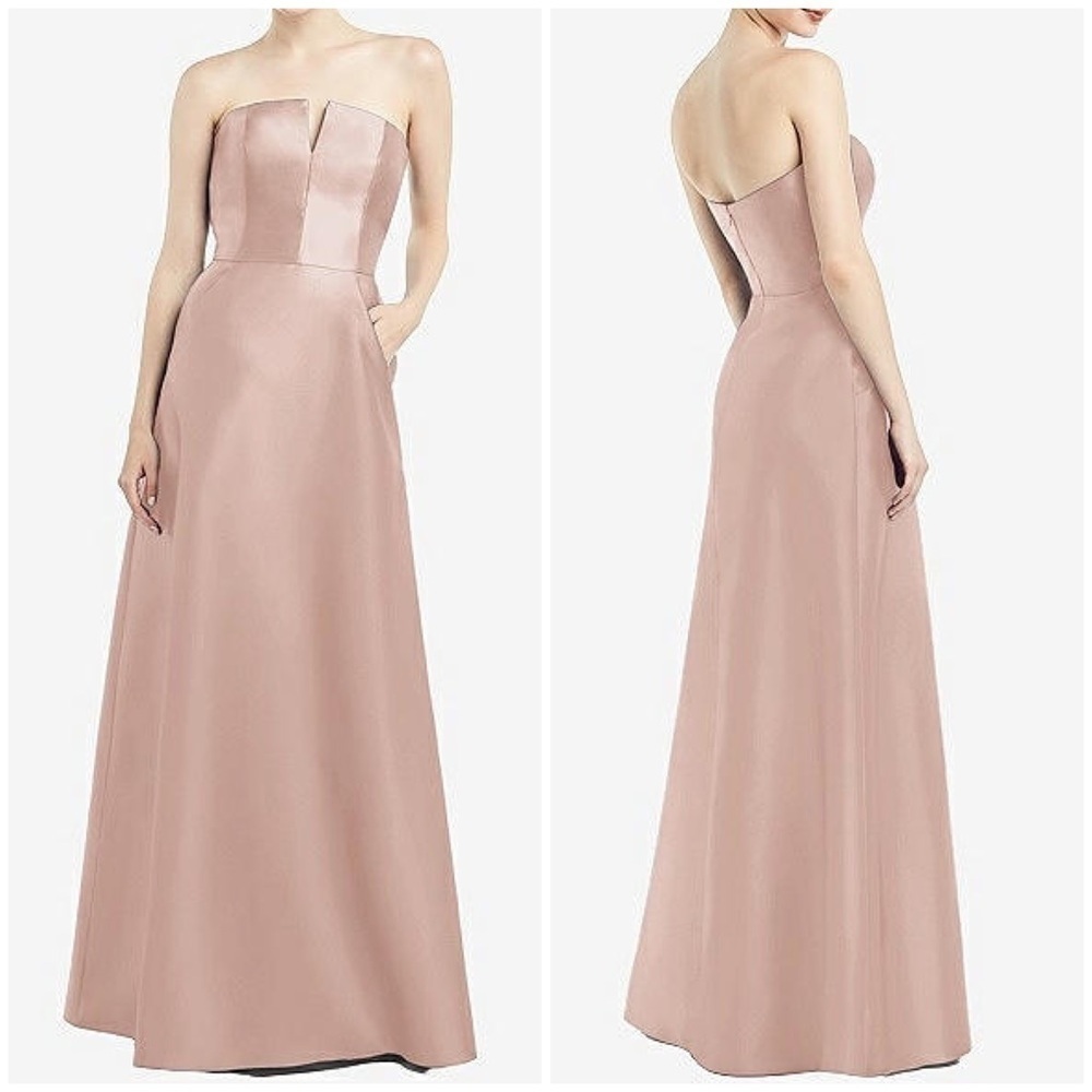 NWT Alfred Sung Strapless Notch Satin Twill Gown Bridesmaid Dress Toasted Sugar